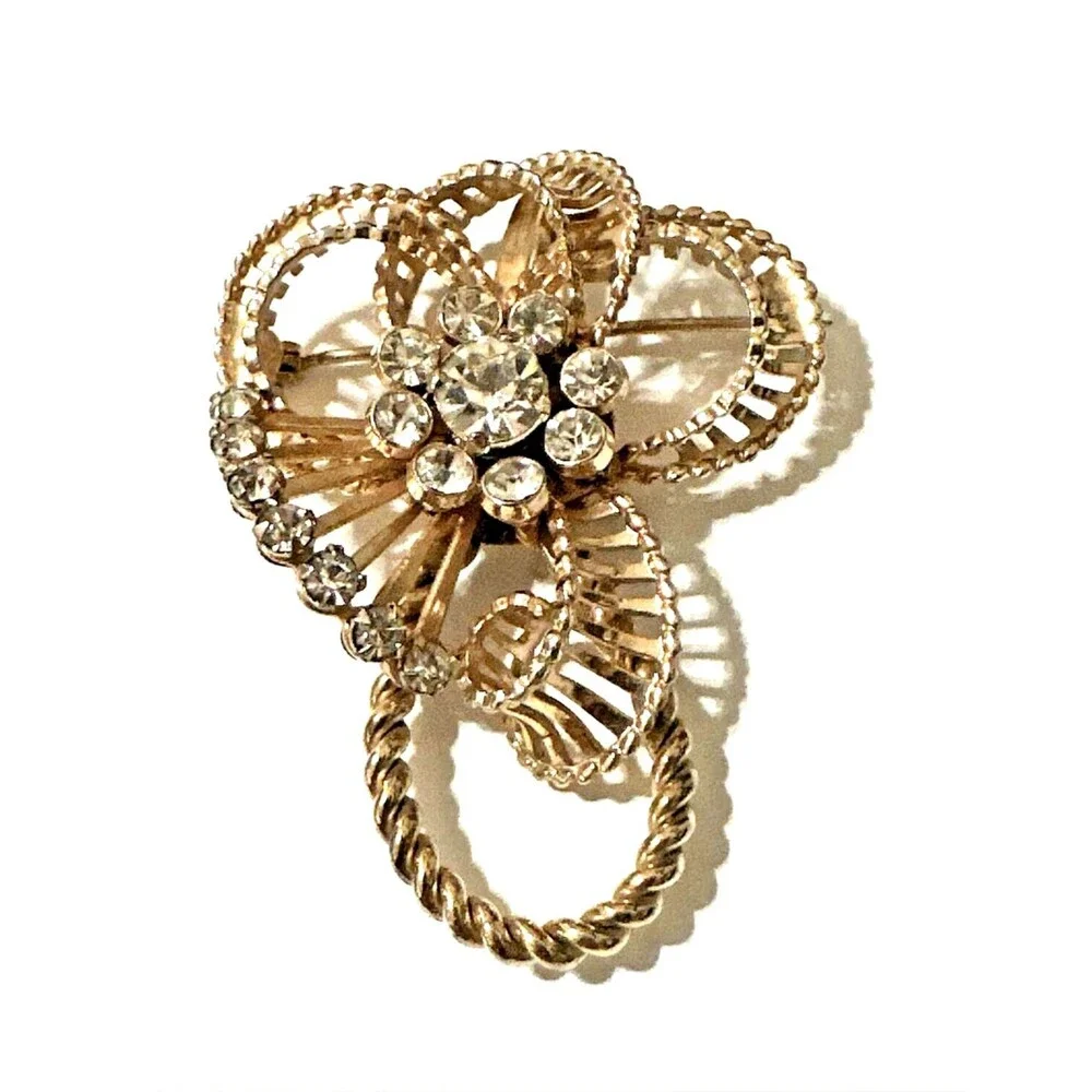 Vintage Gold Tone Ribbon Bow Brooch Crystal Rhinestone Filigree Pin 2